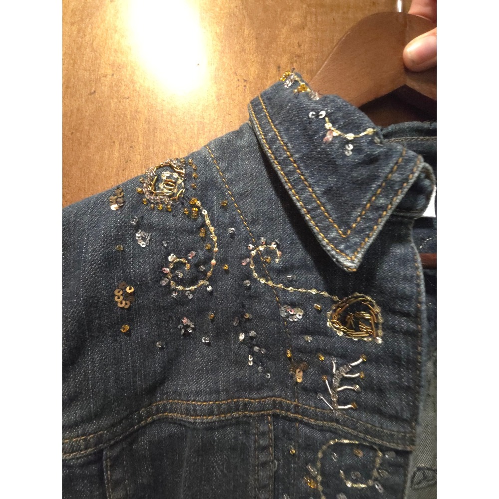 Chico's Women's Blue Denim Beaded Sequin Embroidered Jacket Dark Wash Size 0 S - Picture 6 of 8